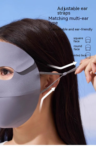 Light blue ice silk face mask with breathable perforations and adjustable ear loops for sun protection. - Image 30