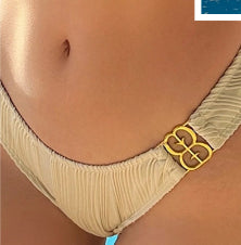 Women's solid light pink textured bikini set with a halter neck bandeau top and matching bottoms, featuring gold buckles. - Image 11