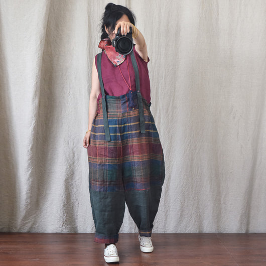 Pantalones de Lino con Tirantes y Patchwork Moderno - Image 28