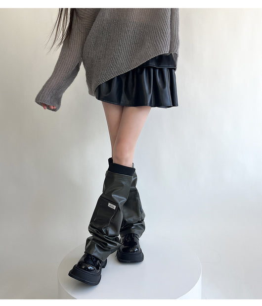 Calentadores de Pierna Estilo Milenial Cool Girl Cuero Negro con Bolsillos - Image 37