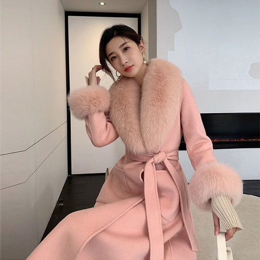 Abrigo de Lana Largo Ajustado con Cuello de Pelaje Estilo Coreano - Image 7