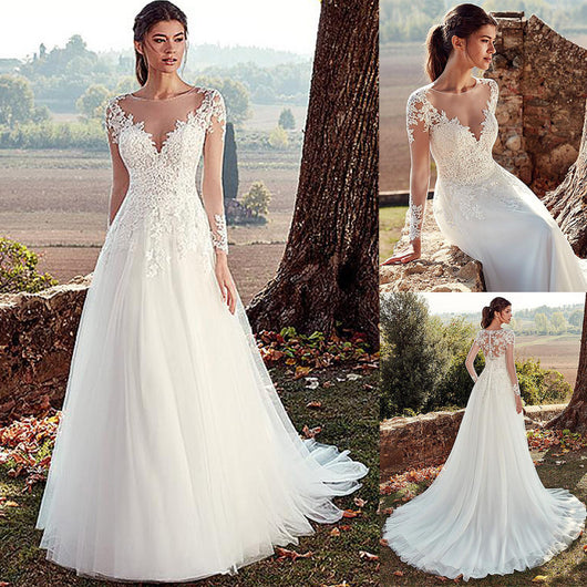 Vestido de Novia Elegante con Cuello Alto, Encaje y Cola Larga - Image 20
