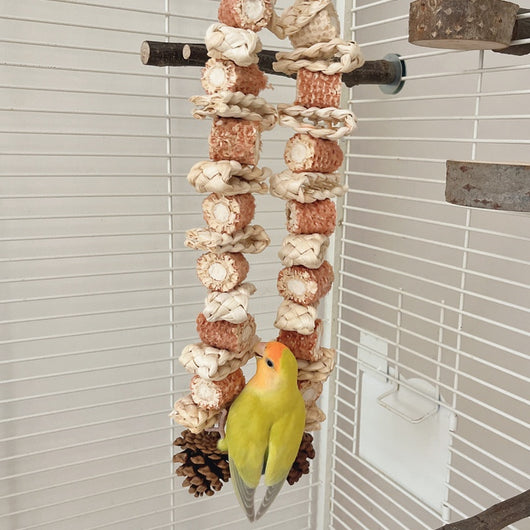 Colorful parrot bird toy with corn cobs, wood blocks, and pinecones, strung on rope with a metal hook, 50cm long. - Image 8
