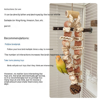Colorful parrot bird toy with corn cobs, wood blocks, and pinecones, strung on rope with a metal hook, 50cm long. - Image 9