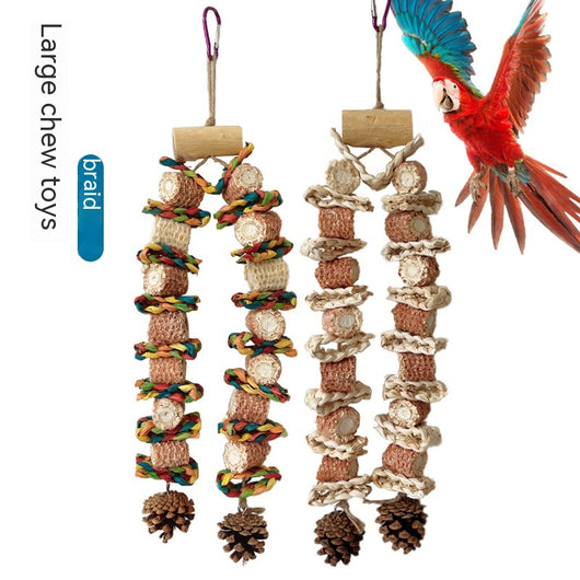 Colorful parrot bird toy with corn cobs, wood blocks, and pinecones, strung on rope with a metal hook, 50cm long. - Image 12