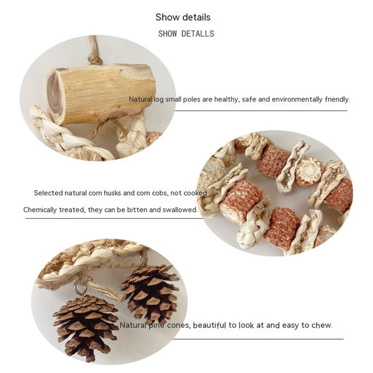 Colorful parrot bird toy with corn cobs, wood blocks, and pinecones, strung on rope with a metal hook, 50cm long. - Image 13