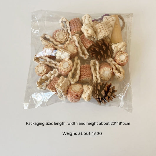 Colorful parrot bird toy with corn cobs, wood blocks, and pinecones, strung on rope with a metal hook, 50cm long. - Image 17