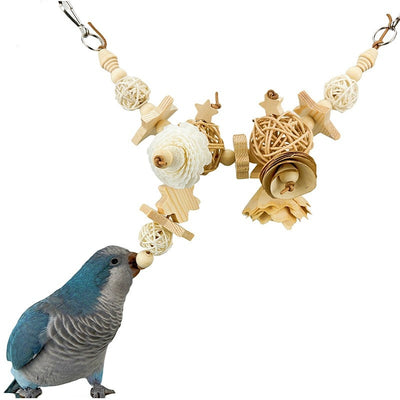 Set of 5 natural wood and rattan bird chewing toys with stars, balls, and flower shapes for parrots. - Image 11