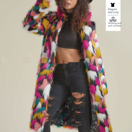 Abrigo Midi para Mujer con Cuello de Pelaje Arcoíris - Image 13