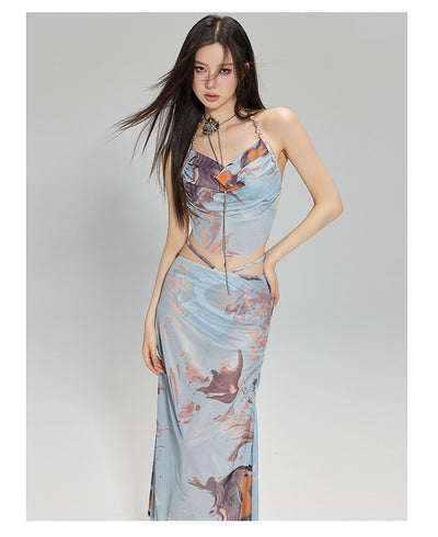 Light blue abstract print two-piece bikini set with a cropped halter top featuring chain straps and a ruched maxi skirt. - Image 18