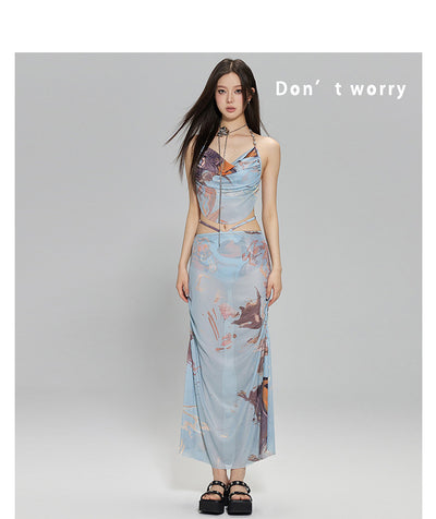 Light blue abstract print two-piece bikini set with a cropped halter top featuring chain straps and a ruched maxi skirt. - Image 23