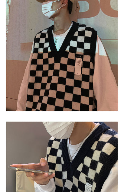 Chaleco Sweater de Punto Cuadros Preppy con Cuello en V para Hombre - Image 9