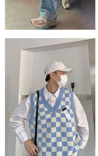 Chaleco Sweater de Punto Cuadros Preppy con Cuello en V para Hombre - Image 12