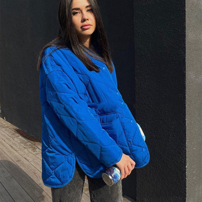 Abrigo de Algodón Azul Holgado Cuello Redondo para Mujer - Image 10