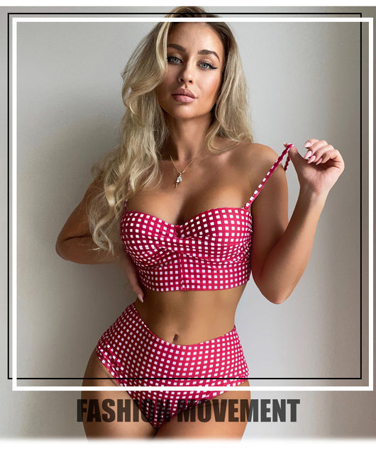 Bikini de Cintura Alta Estampado Cuadros con Abertura Sexy - Image 31