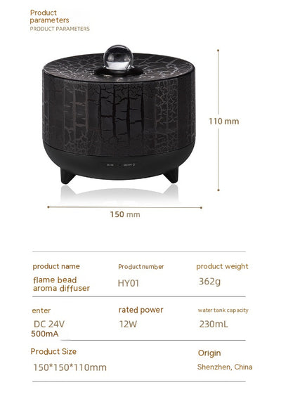Black cylindrical aromatherapy diffuser with a crackle pattern, clear spherical top, and control buttons for timer and light. - Image 12