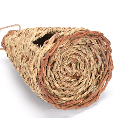 Cone-shaped, flat-bottomed bird's nest woven from natural straw with a small entrance and hanging loop. - Image 14