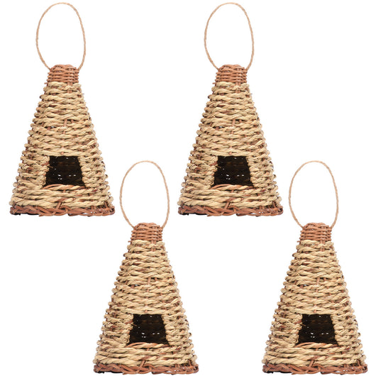 Cone-shaped, flat-bottomed bird's nest woven from natural straw with a small entrance and hanging loop. - Image 15