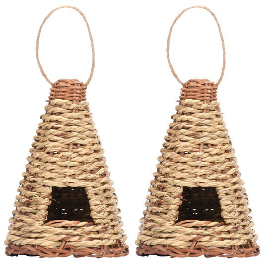 Cone-shaped, flat-bottomed bird's nest woven from natural straw with a small entrance and hanging loop. - Image 16