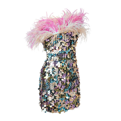 Vestido Corto Tubo Lentejuelas Degradado con Plumas Deslumbrante - Image 27