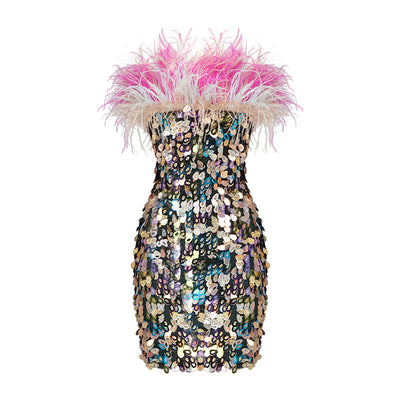 Vestido Corto Tubo Lentejuelas Degradado con Plumas Deslumbrante - Image 29