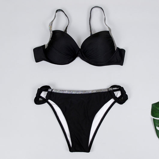 Women's two-piece swimsuit with a pink pleated bandeau top and brown bikini bottoms with pink accents, by the ocean. - Image 33
