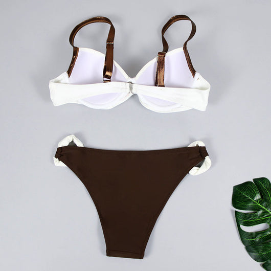 Women's two-piece swimsuit with a pink pleated bandeau top and brown bikini bottoms with pink accents, by the ocean. - Image 36