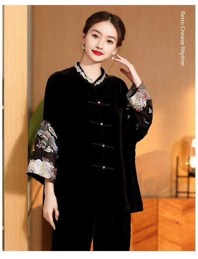 Blusa Vintage Bordada para Mujer con Cuello Mao Holgada - Image 10