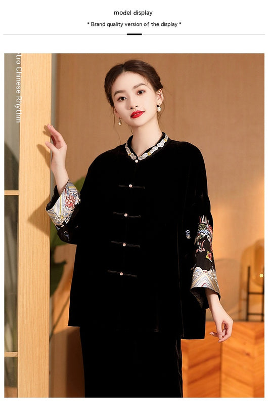 Blusa Vintage Bordada para Mujer con Cuello Mao Holgada - Image 11
