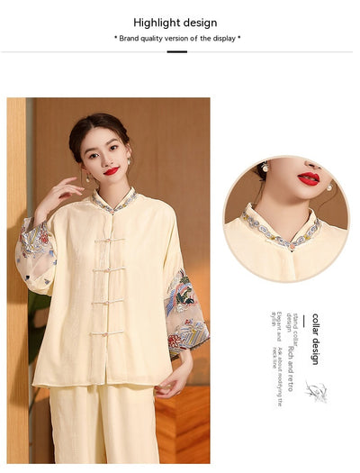 Blusa Vintage Bordada para Mujer con Cuello Mao Holgada - Image 17