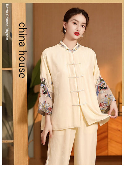 Blusa Vintage Bordada para Mujer con Cuello Mao Holgada - Image 18