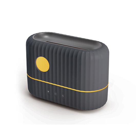 Dark gray simulated flame aromatherapy machine with a remote control, emitting a warm, flame-like light and mist. - Image 25