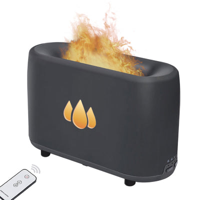 Dark gray simulated flame aromatherapy machine with a remote control, emitting a warm, flame-like light and mist. - Image 26