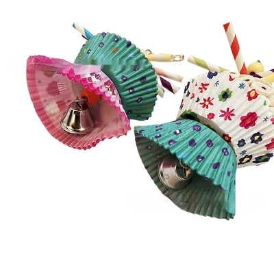 Two parrot shredding toys, shaped like cupcakes with paper straws, featuring colorful paper cups and a metal clasp. - Image 7