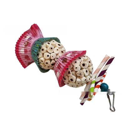 Two parrot shredding toys, shaped like cupcakes with paper straws, featuring colorful paper cups and a metal clasp. - Image 10