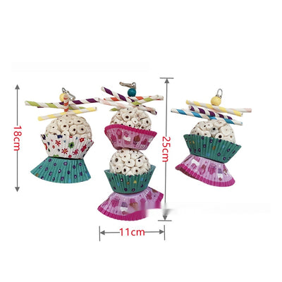 Two parrot shredding toys, shaped like cupcakes with paper straws, featuring colorful paper cups and a metal clasp. - Image 12