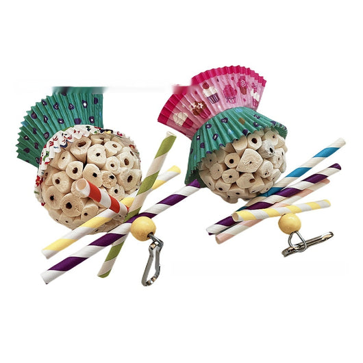 Two parrot shredding toys, shaped like cupcakes with paper straws, featuring colorful paper cups and a metal clasp. - Image 15