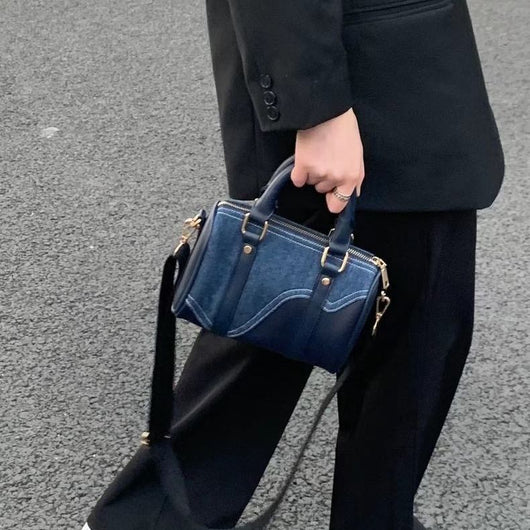 Bolsa Boston de Patchwork Denim y Cuero Retro - Image 7