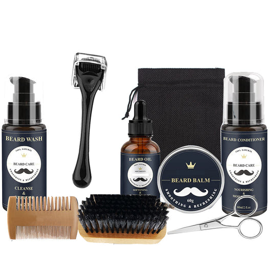 A comprehensive beard care kit with beard wash, essential oil, growth oil, beard oil, conditioner, balm, brush, comb, scissors, and razor. - Image 19