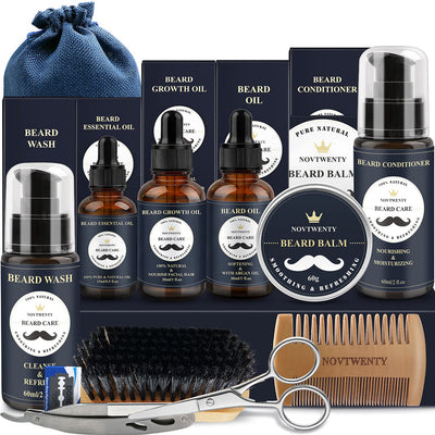 A comprehensive beard care kit with beard wash, essential oil, growth oil, beard oil, conditioner, balm, brush, comb, scissors, and razor. - Image 21