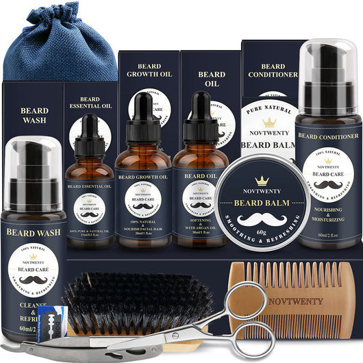 A comprehensive beard care kit with beard wash, essential oil, growth oil, beard oil, conditioner, balm, brush, comb, scissors, and razor. - Image 21