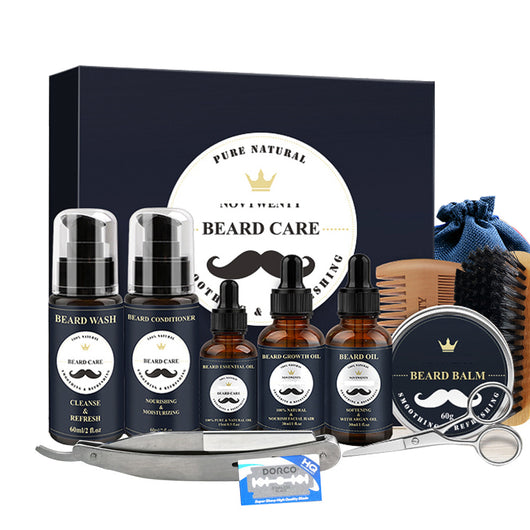 A comprehensive beard care kit with beard wash, essential oil, growth oil, beard oil, conditioner, balm, brush, comb, scissors, and razor. - Image 23