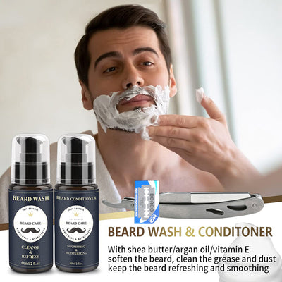 A comprehensive beard care kit with beard wash, essential oil, growth oil, beard oil, conditioner, balm, brush, comb, scissors, and razor. - Image 24