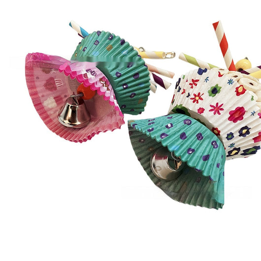 Two parrot shredding toys, shaped like cupcakes with paper straws, featuring colorful paper cups and a metal clasp. - Image 22