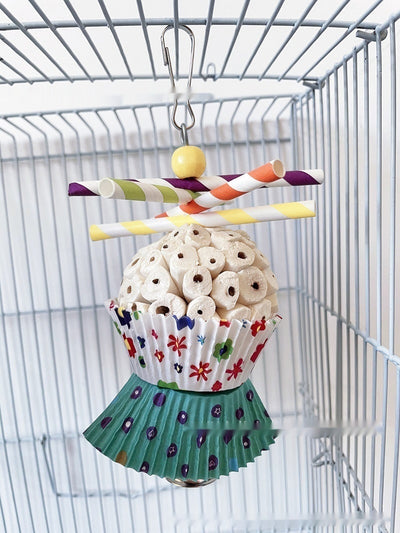 Two parrot shredding toys, shaped like cupcakes with paper straws, featuring colorful paper cups and a metal clasp. - Image 28