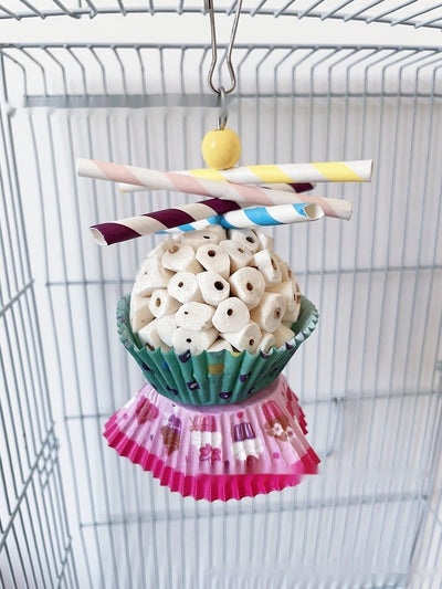 Two parrot shredding toys, shaped like cupcakes with paper straws, featuring colorful paper cups and a metal clasp. - Image 31