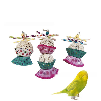 Two parrot shredding toys, shaped like cupcakes with paper straws, featuring colorful paper cups and a metal clasp. - Image 33