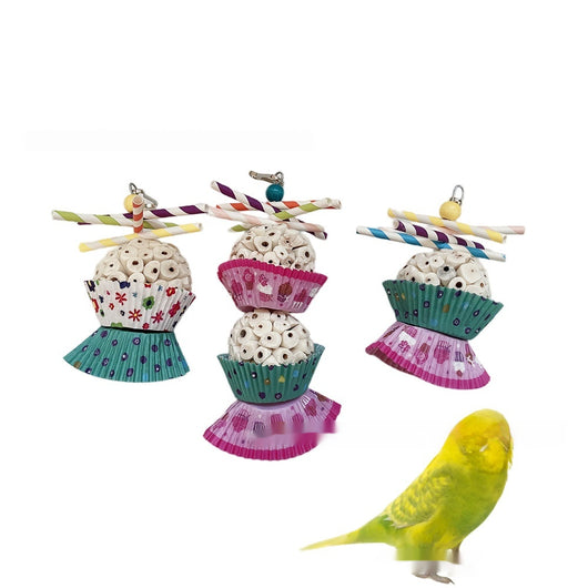 Two parrot shredding toys, shaped like cupcakes with paper straws, featuring colorful paper cups and a metal clasp. - Image 33