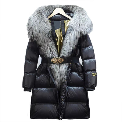 Chaqueta de Pato con Plumón y Cuello de Zorro Real - Abrigo Cálido Dorado Negro - Image 16
