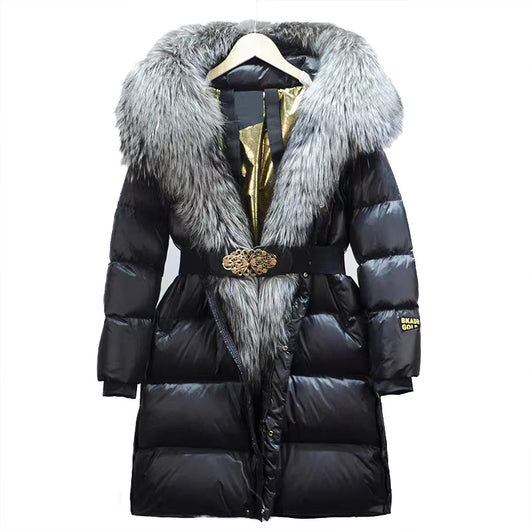 Chaqueta de Pato con Plumón y Cuello de Zorro Real - Abrigo Cálido Dorado Negro - Image 16